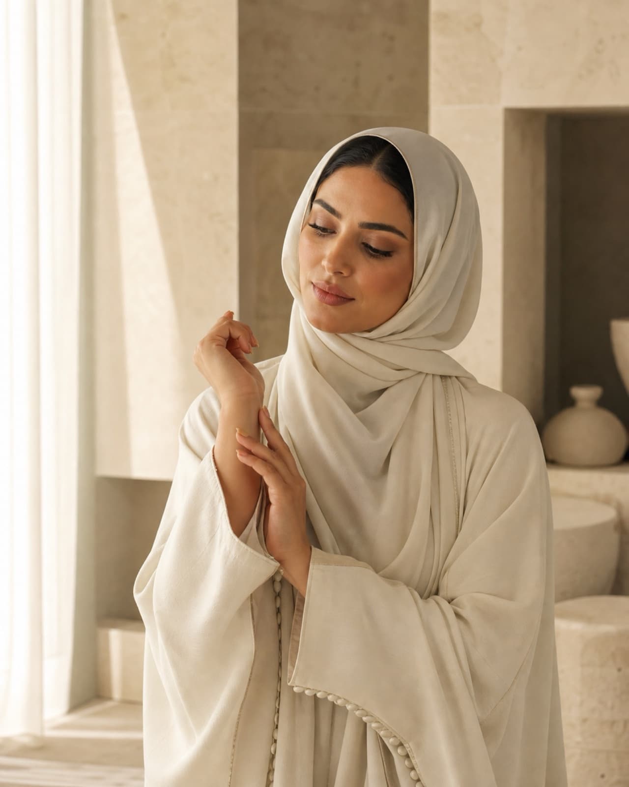 Woman in elegant modest ivory attire in soft natural light